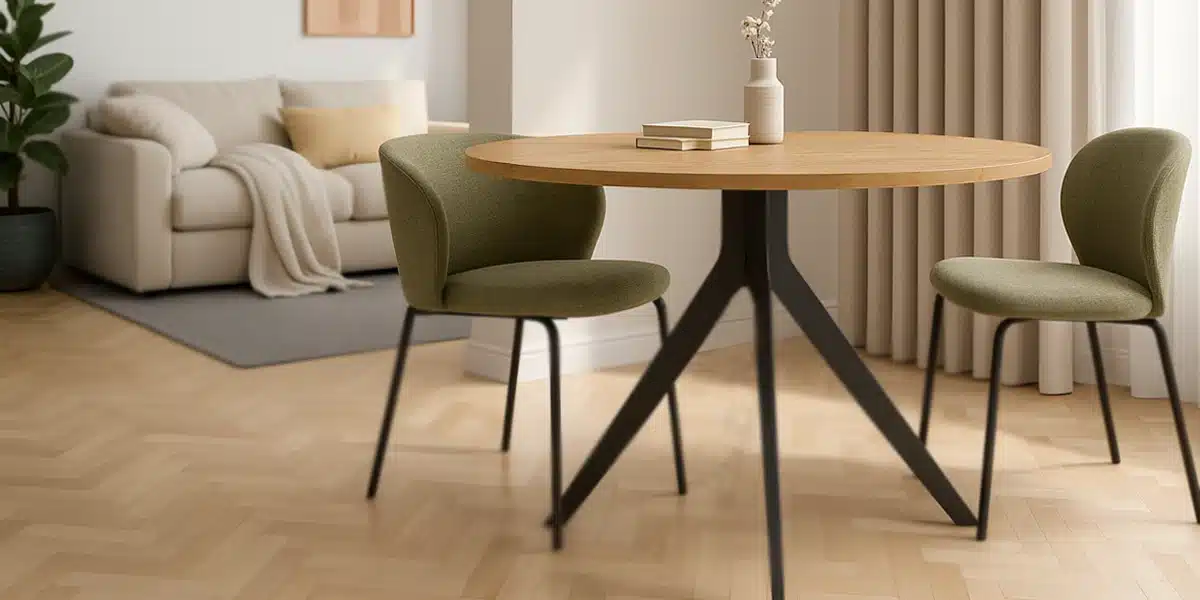 Mesa de madera natural con dos sillas verdes
