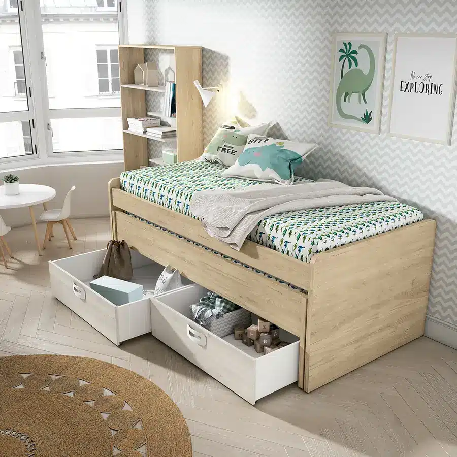 Cama compacto juvenil con cama inferior y dos cajones con ruedas abiertos