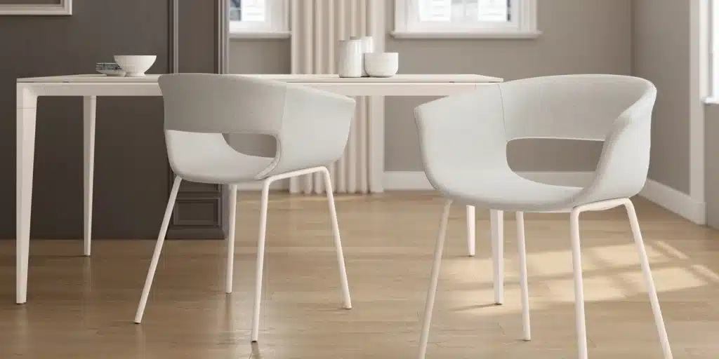 Comedor luminoso con la mesa puesta y dos sillones tapizados blancos, listo para recibir invitados en casa