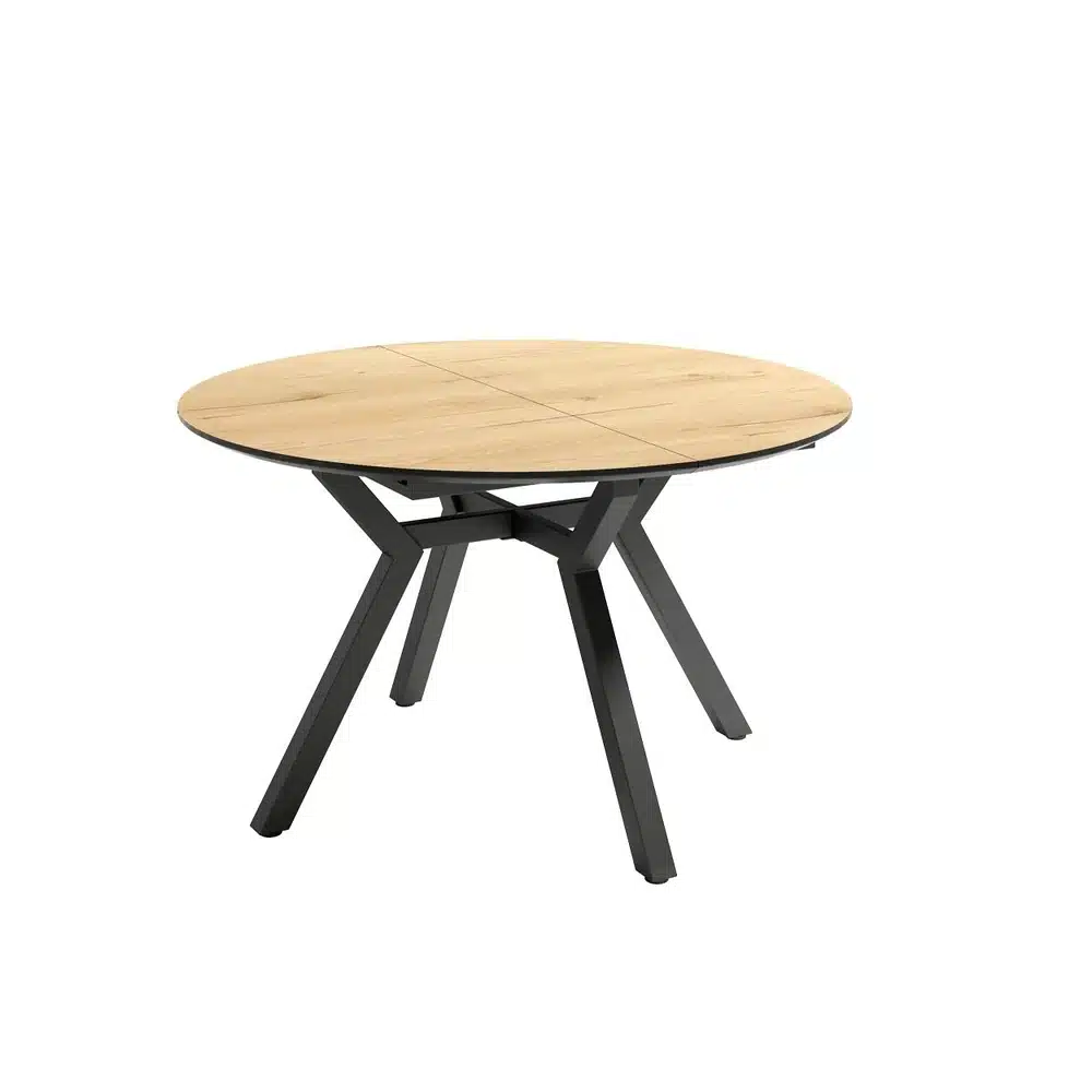 Mesa de comedor redonda extensible con tapa en acabado madera y patas metálicas negras de estilo industrial