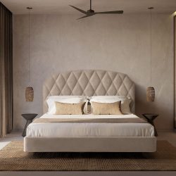 3d rendering of a Mykonos minimal cool luxurious hotel bedroom.